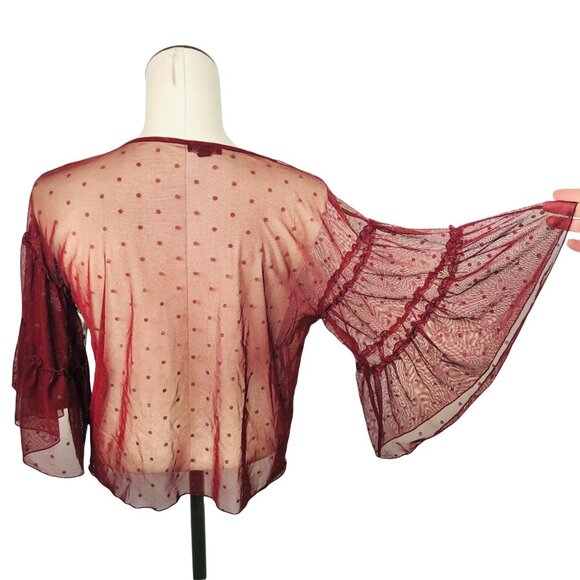 Express Small Petite Sheer Maroon Lacy Top Ruffled Bell 3/4 Sleeves Spotted - Picture 2 of 10